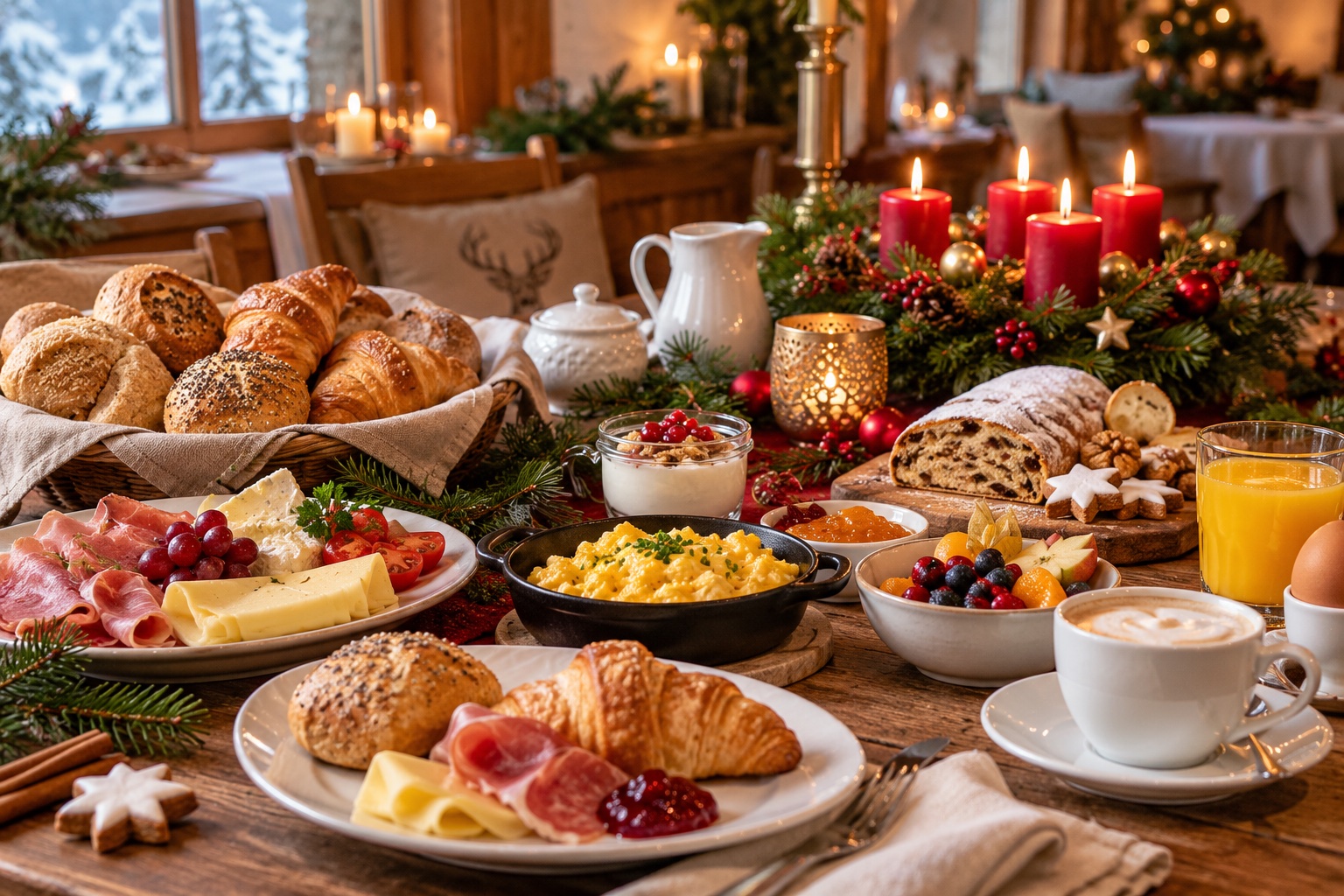 Adventlich gedeckter Brunchtisch mit Gebäck, Frühstücksspeisen und Kerzen
